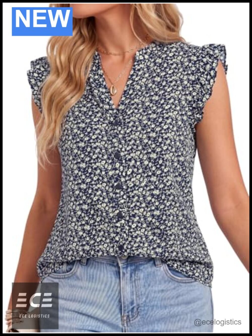 Women's Striped V Neck Ruffle Cap Sleeve Button Down Blouse
